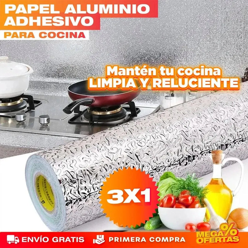(COMPRE 1 LLEVA 3) PAPEL ALUMINIO ADHESIVO DE COCINA 60cm x 2 mt