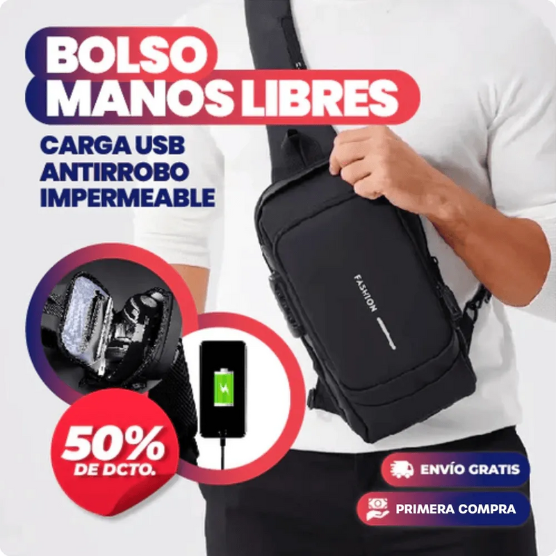 BOLSO ANTIRROBO MANOS LIBRES, CARGA USB E IMPERMEABLE