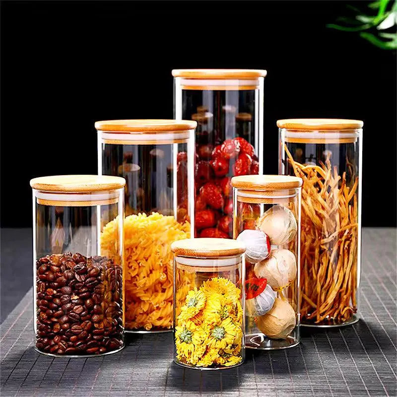 Kit 16 Tarros herméticos de cristal con tapa de bambú